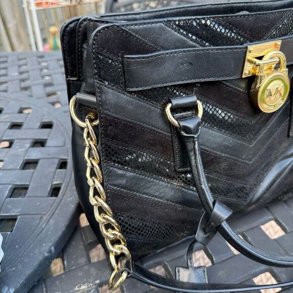 MICHAEL KORS Blk Hamilton Metallic Snake Embossed Leather Bag Satchel Purse - Picture 2 of 7